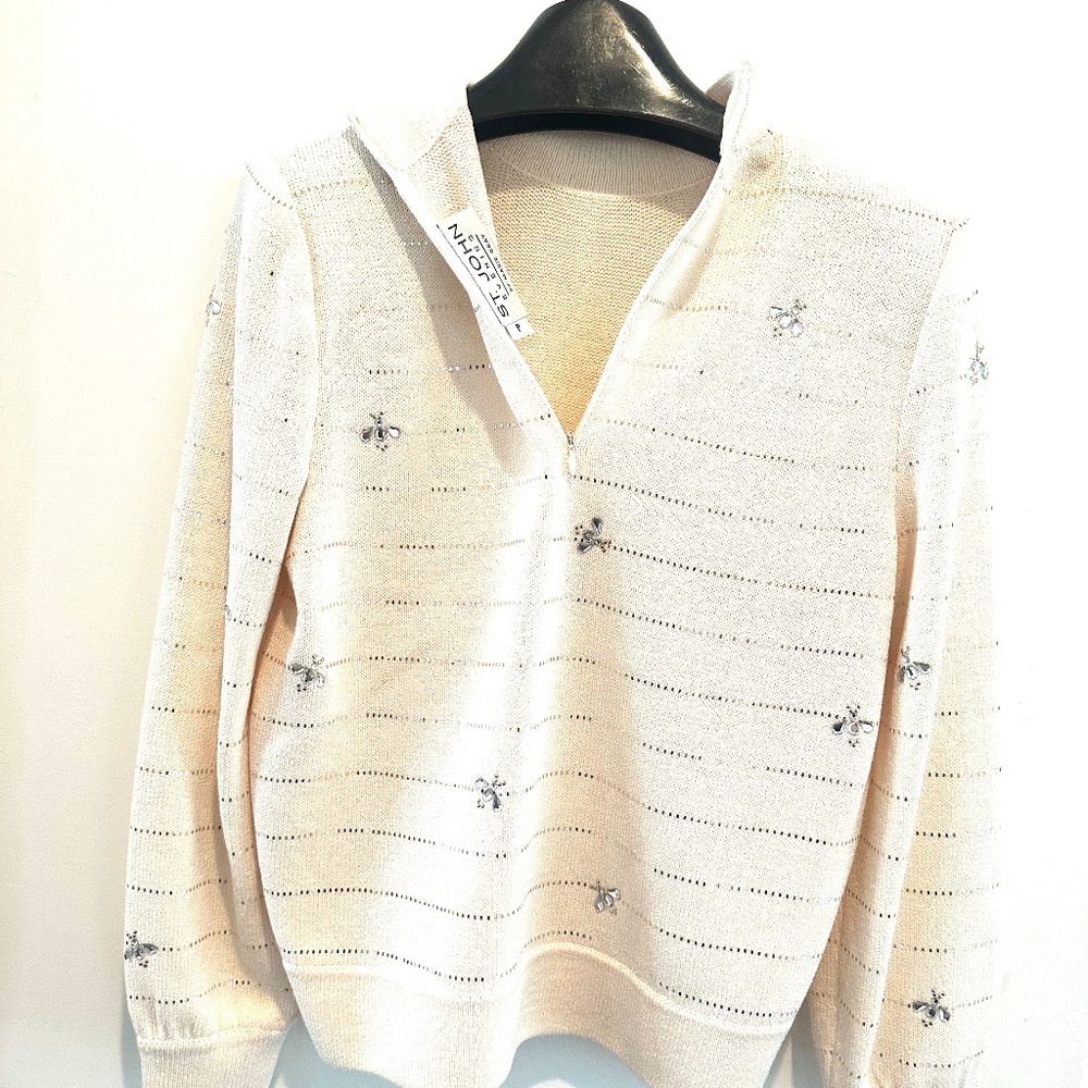 ST JOHN Evening Marie Gray  Cream Santana Knit Sweater Size Petite